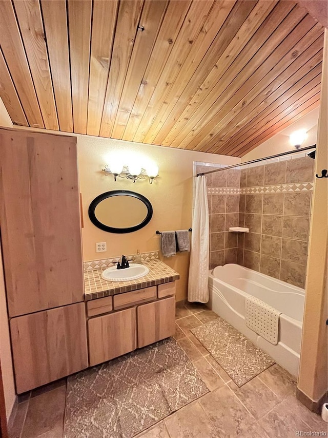 12191 Tecumseh Trl, Conifer, CO 80433 - bathroom featuring vanity, wood ceiling, and shower / tub combo with curtain
