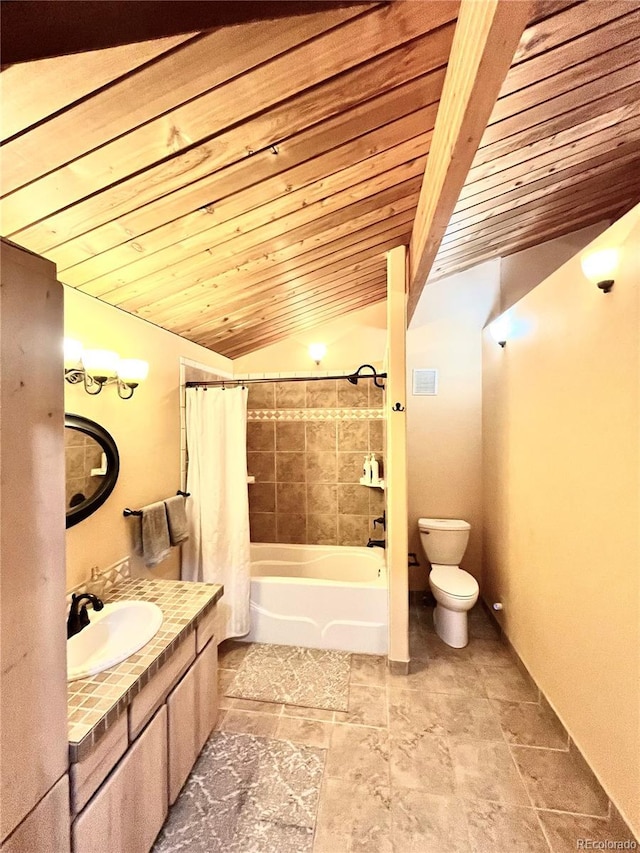 12191 Tecumseh Trl, Conifer, CO 80433 - full bathroom with toilet, wood ceiling, vanity, vaulted ceiling, and shower / bath combo