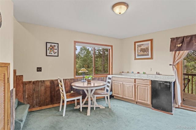 12191 Tecumseh Trl, Conifer, CO 80433 - dining room with plenty of natural light, wet bar, carpet flooring, and a wainscoted wall