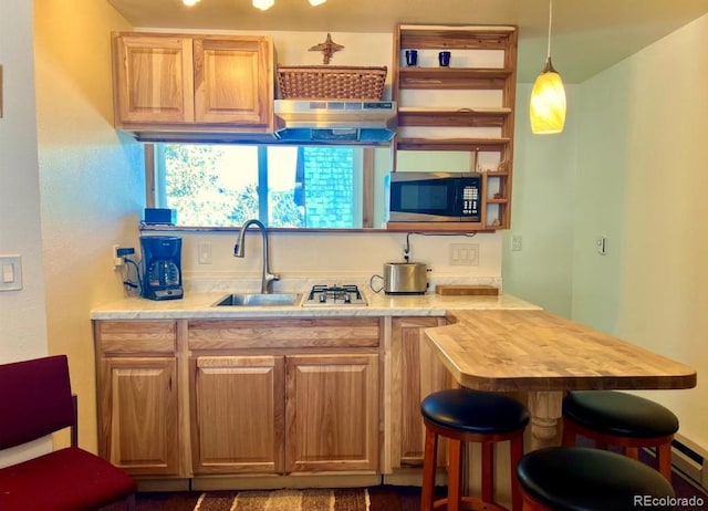 12191 Tecumseh Trl, Conifer, CO 80433 - kitchen with stainless steel microwave, a sink, a kitchen breakfast bar, a baseboard heating unit, and extractor fan