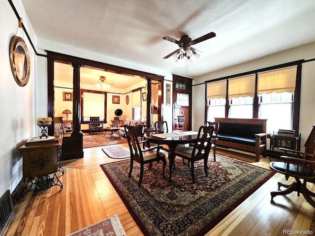 243 Park Ave, Salida, CO 81201 - dining room featuring a ceiling fan and ornate columns