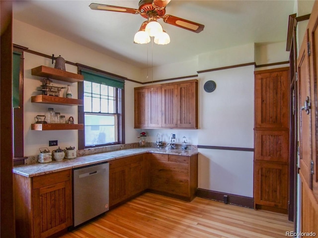 243 Park Ave, Salida, CO 81201 - kitchen with dishwasher, brown cabinetry, a ceiling fan, and light wood-style flooring