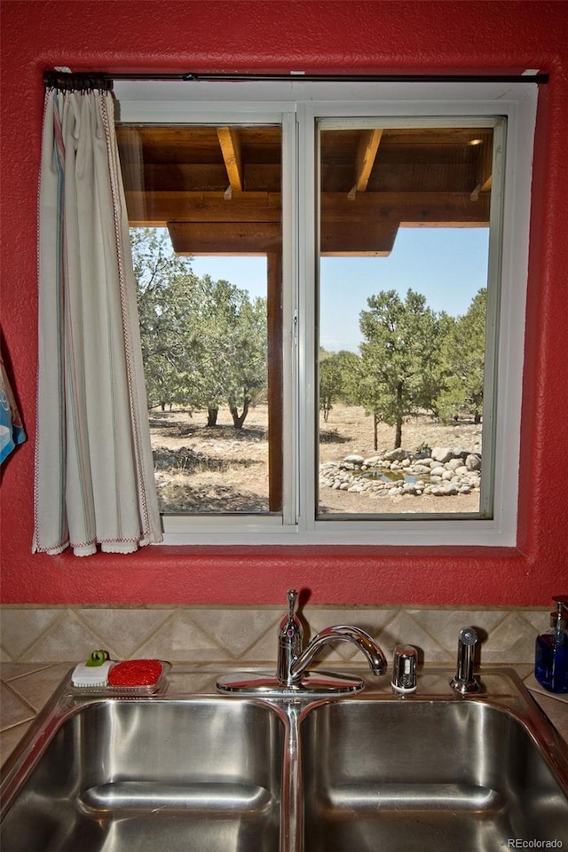 room details featuring decorative backsplash and a sink