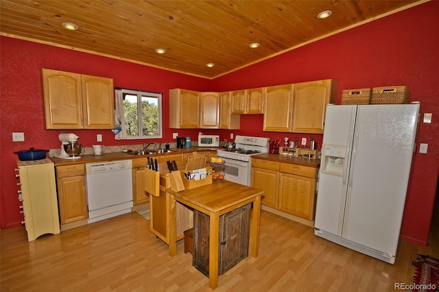 3713 Enchanted Way, Crestone, CO 81131 - kitchen featuring wooden ceiling, light wood finished floors, lofted ceiling, recessed lighting, and white appliances