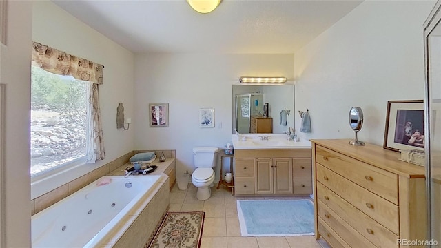 3713 Enchanted Way, Crestone, CO 81131 - bathroom with tile patterned flooring, vanity, toilet, a whirlpool tub, and a stall shower