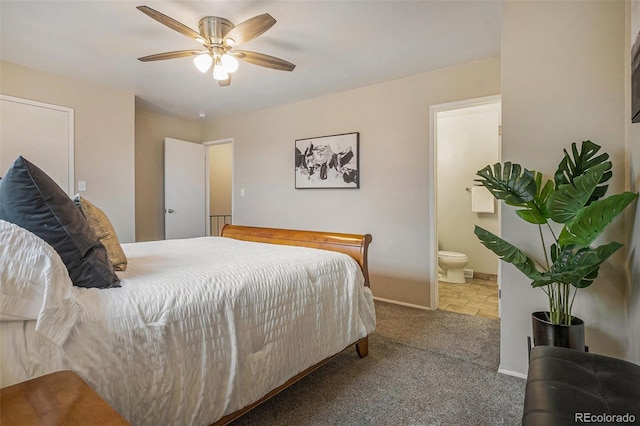5573 S Lowell Blvd, Littleton, CO 80123 - bedroom with connected bathroom, carpet flooring, baseboards, and a ceiling fan