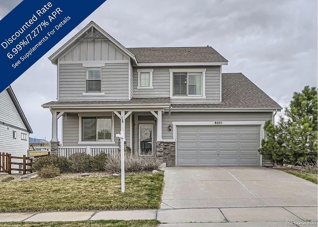 8695 Torrey St, Arvada, CO 80007 - craftsman-style house featuring a porch, concrete driveway, a shingled roof, a garage, and board and batten siding