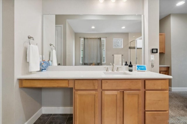 19409 W 88th Dr, Arvada, CO 80007 - full bath featuring a stall shower, baseboards, vanity, tile patterned floors, and recessed lighting