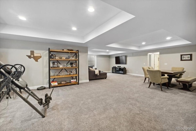 19409 W 88th Dr, Arvada, CO 80007 - exercise area with a raised ceiling, carpet floors, baseboards, and recessed lighting