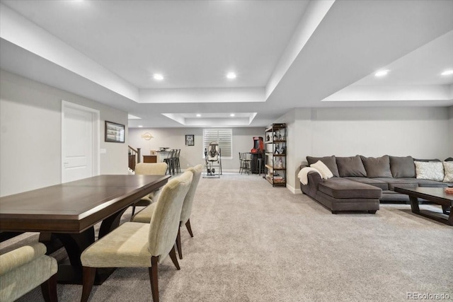 19409 W 88th Dr, Arvada, CO 80007 - dining room featuring a raised ceiling, carpet, recessed lighting, and baseboards
