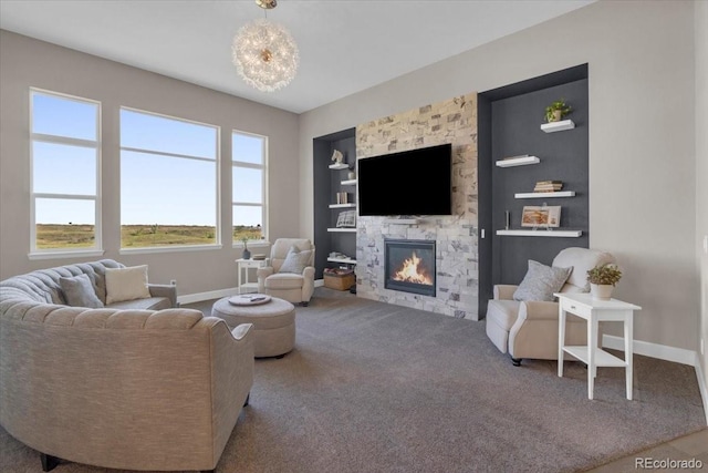 19409 W 88th Dr, Arvada, CO 80007 - living area with built in shelves, carpet flooring, and a fireplace