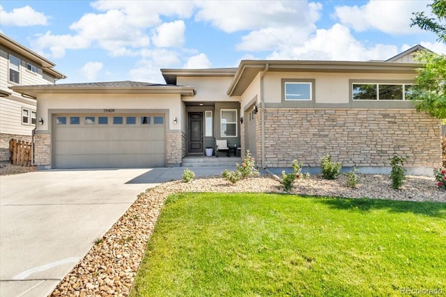19409 W 88th Dr, Arvada, CO 80007 - prairie-style home with stone siding, a garage, stucco siding, and concrete driveway