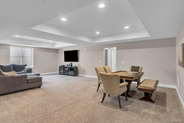 19409 W 88th Dr, Arvada, CO 80007 - dining space with a tray ceiling, light colored carpet, and recessed lighting
