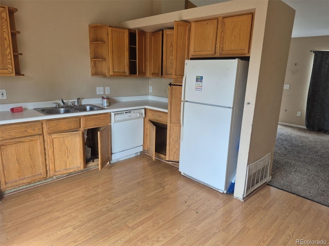 1415 S Pitkin Ct, Aurora, CO 80017 - kitchen with white appliances, open shelves, a sink, light wood finished floors, and light countertops