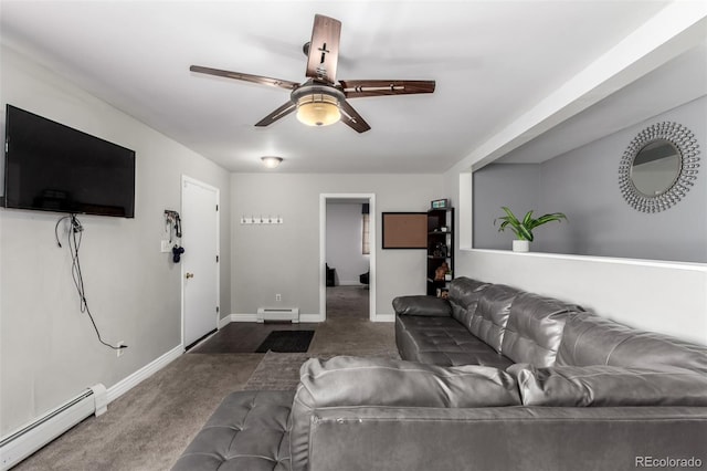 117 6th St, Frederick, CO 80530 - living room featuring a baseboard radiator, carpet floors, a ceiling fan, and baseboards
