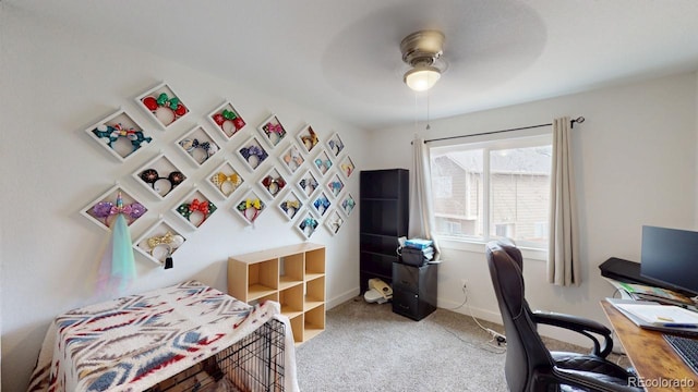 bedroom with carpet flooring, ceiling fan, and baseboards