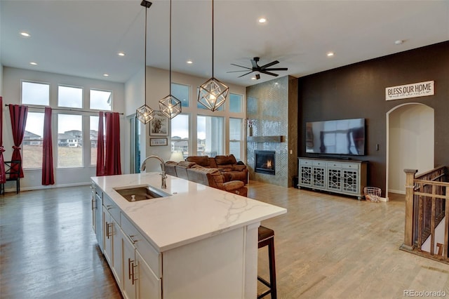 kitchen featuring white cabinets, a sink, open floor plan, a fireplace, and light wood-style flooring