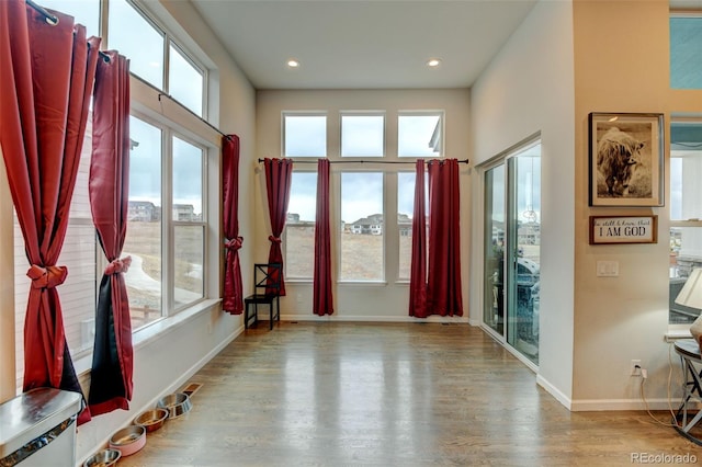 foyer entrance with wood finished floors, recessed lighting, baseboards, and a wealth of natural light