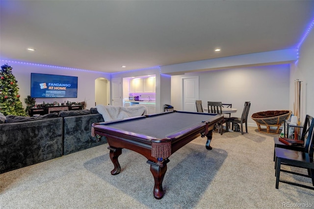 rec room featuring arched walkways, recessed lighting, carpet flooring, and billiards