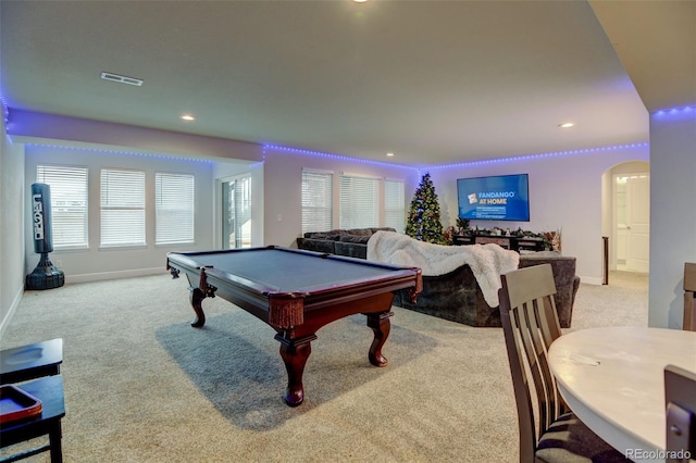 playroom featuring recessed lighting, billiards, visible vents, and carpet floors