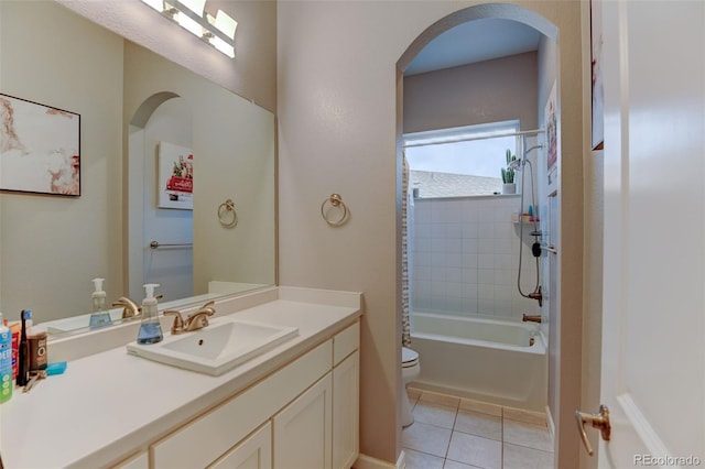 full bath with toilet, vanity, shower / bathing tub combination, and tile patterned flooring