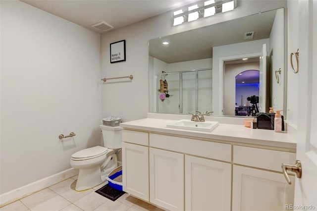full bathroom with visible vents, toilet, a shower stall, vanity, and tile patterned flooring