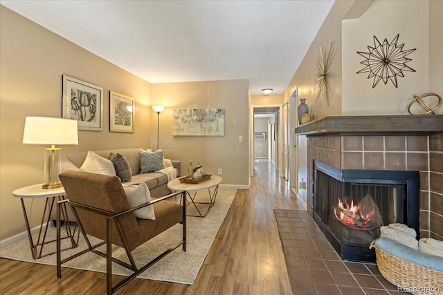 living area featuring baseboards, wood finished floors, and a fireplace