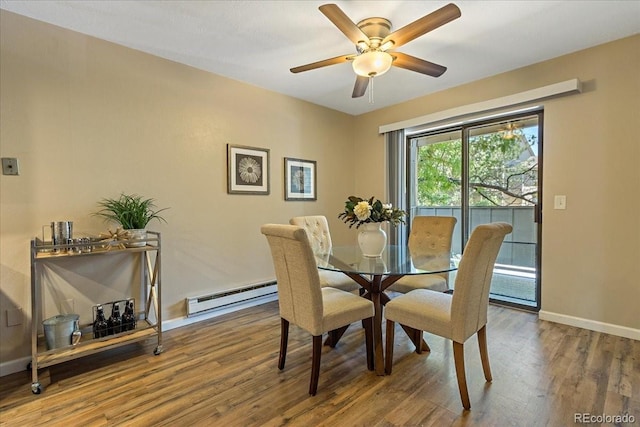 dining space featuring ceiling fan, wood finished floors, baseboards, and a baseboard radiator