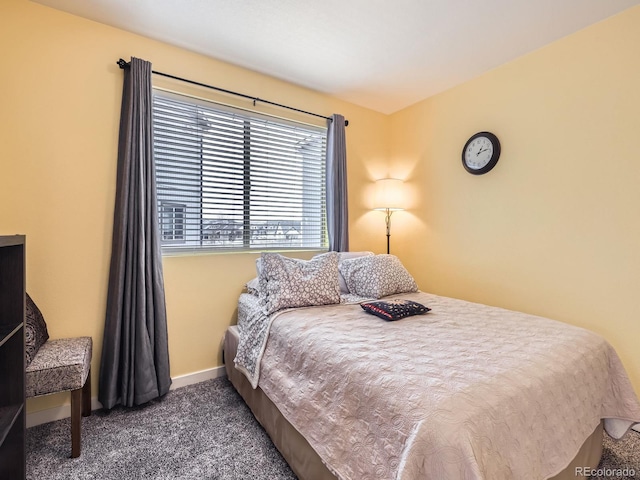 bedroom with dark colored carpet