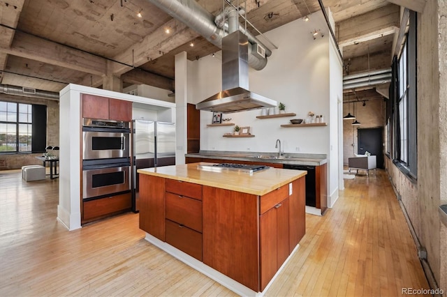 kitchen with island exhaust hood, open shelves, light wood-style floors, and stainless steel appliances