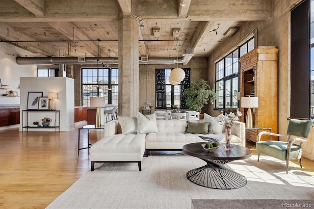 interior space featuring a high ceiling and wood finished floors