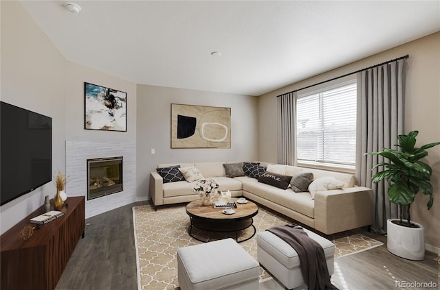 living room featuring hardwood / wood-style floors and a fireplace