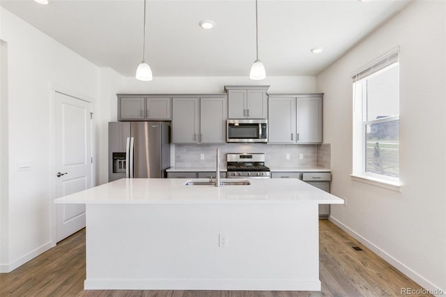 kitchen with pendant lighting, a kitchen island with sink, gray cabinets, and stainless steel appliances