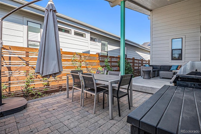 10179 E 59th N Pl, Denver, CO 80238 - view of patio with outdoor lounge area, outdoor dining area, fence, and a grill