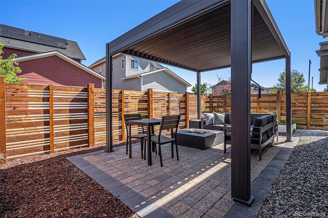 10179 E 59th N Pl, Denver, CO 80238 - view of patio / terrace featuring an outdoor living space with a fire pit and a fenced backyard