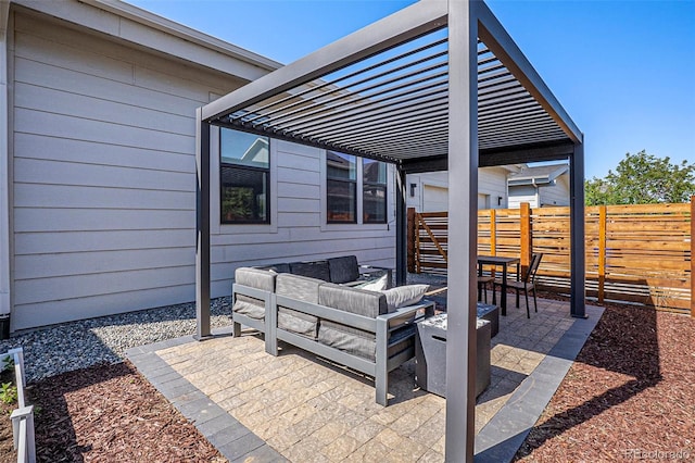10179 E 59th N Pl, Denver, CO 80238 - view of patio with a pergola, a fenced backyard, an outdoor living space, and outdoor dining area
