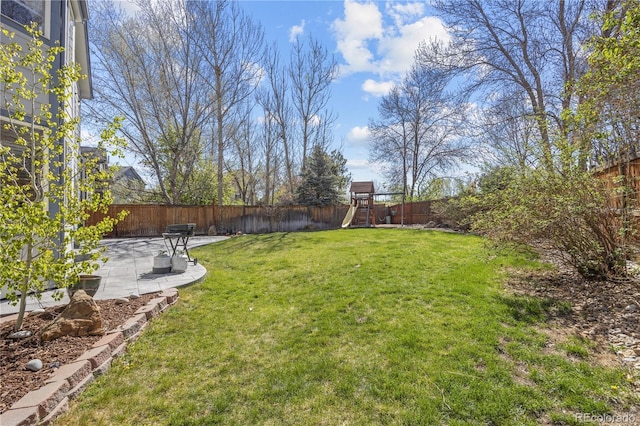 view of yard featuring a fenced backyard, a patio area, and a playground
