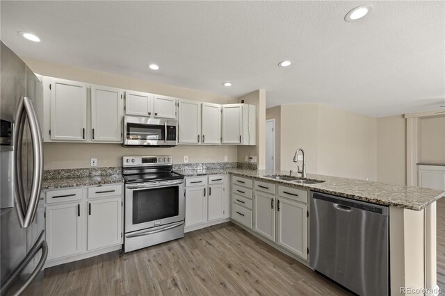 kitchen with a sink, light stone counters, a peninsula, light wood-style floors, and stainless steel appliances