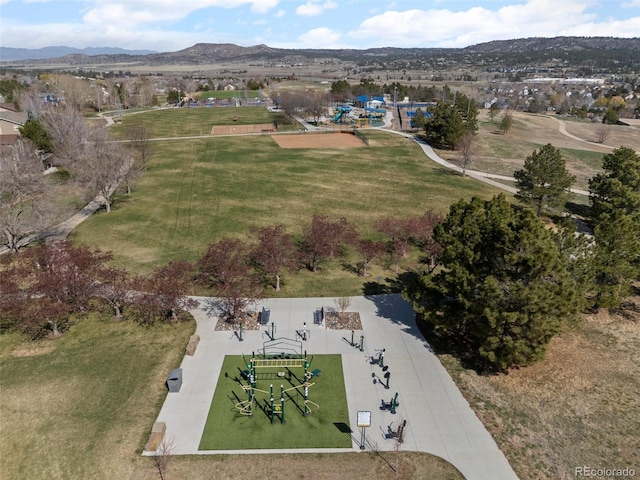 bird's eye view with a mountain view