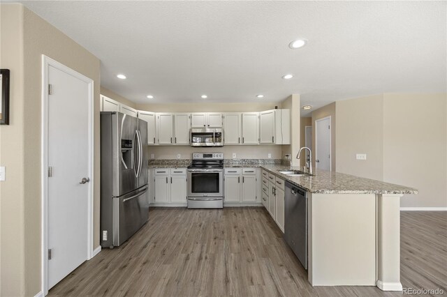 kitchen with a sink, light wood-style flooring, a peninsula, and stainless steel appliances