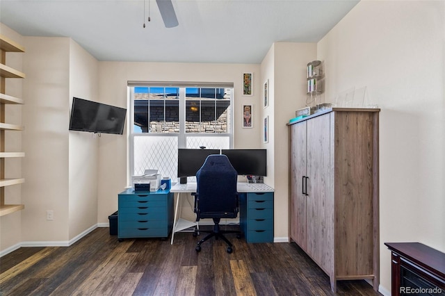 office space with a ceiling fan, baseboards, and wood finished floors