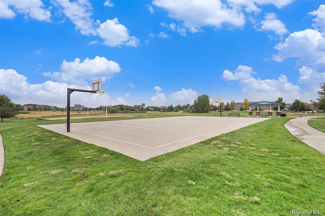 view of basketball court with community basketball court, a lawn, and a gazebo