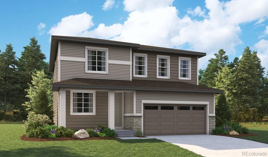 view of front of home featuring entry steps, a front yard, a garage, stone siding, and driveway