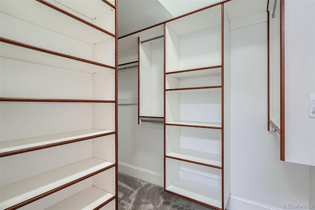 spacious closet featuring dark colored carpet