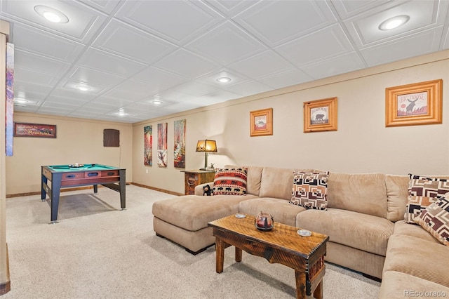 living area with light carpet, pool table, baseboards, and recessed lighting