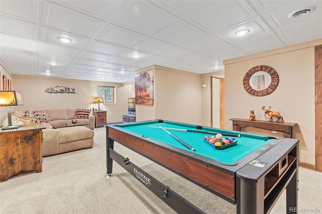 playroom with carpet, pool table, visible vents, and recessed lighting