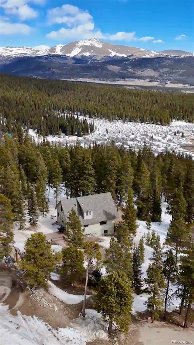 bird's eye view with a mountain view and a view of trees