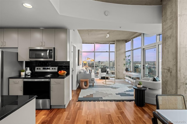 kitchen featuring a wall of windows, light wood-style floors, appliances with stainless steel finishes, dark countertops, and backsplash