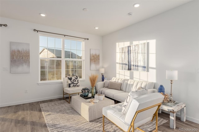 living room with vaulted ceiling and hardwood / wood-style floors