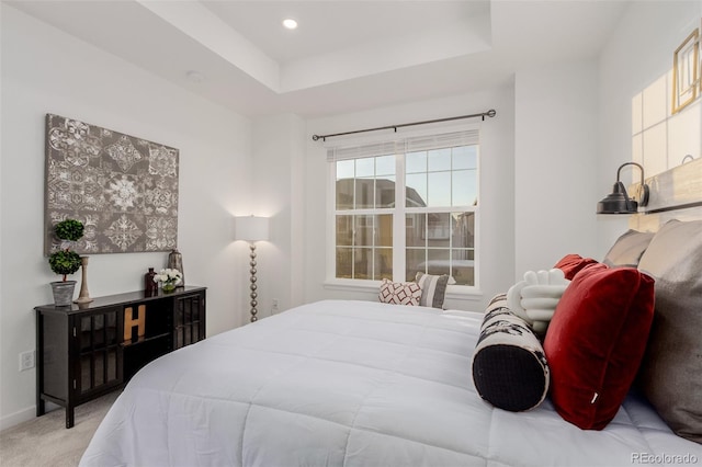 carpeted bedroom featuring a raised ceiling